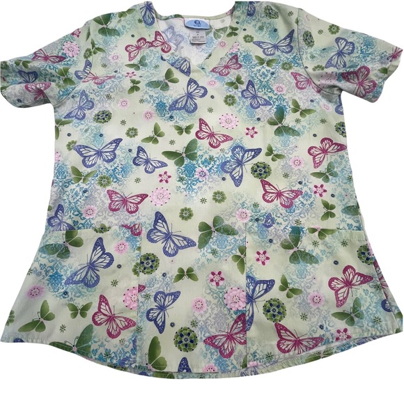 SB Scrubs Womens Top Small Butterfly Patterned Shirt Short Sleeve V-Neck Scrub - Picture 1 of 6